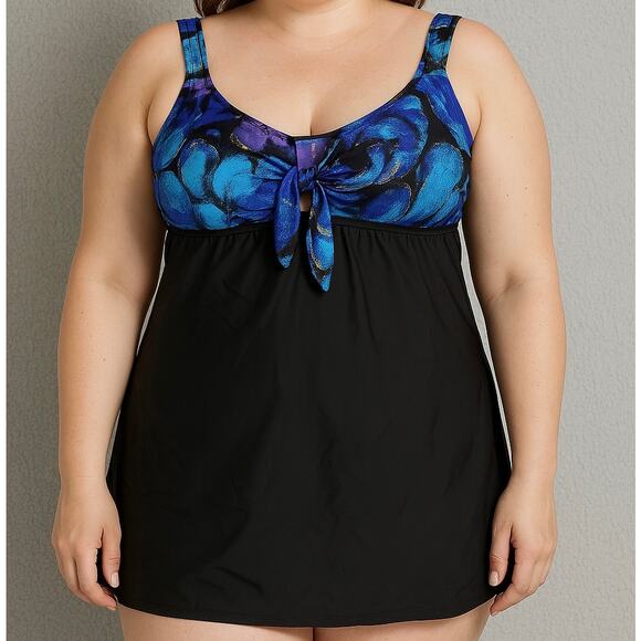 Longitude Size 16 Black Floral Skirted One Piece Swimsuit Tummy Control Tankini - Picture 1 of 11